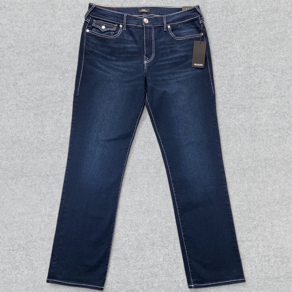 NEW True Religion Jeans Mens 34x34 Blue Denim Ricky Flap Distressed Straight Leg